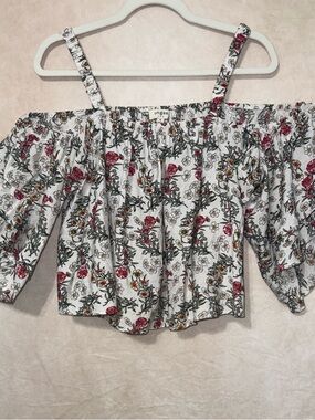 Umgee White Off-Shoulder Floral Crop Top with Pink & Green Accents